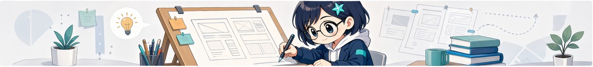 資料のたたき台を作るミラの横長イラスト