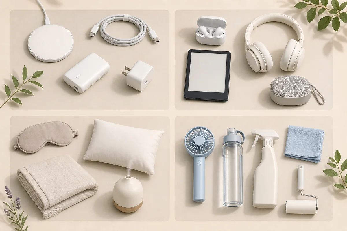 充電用品、音響機器、睡眠用品、掃除用品を分類したイメージ