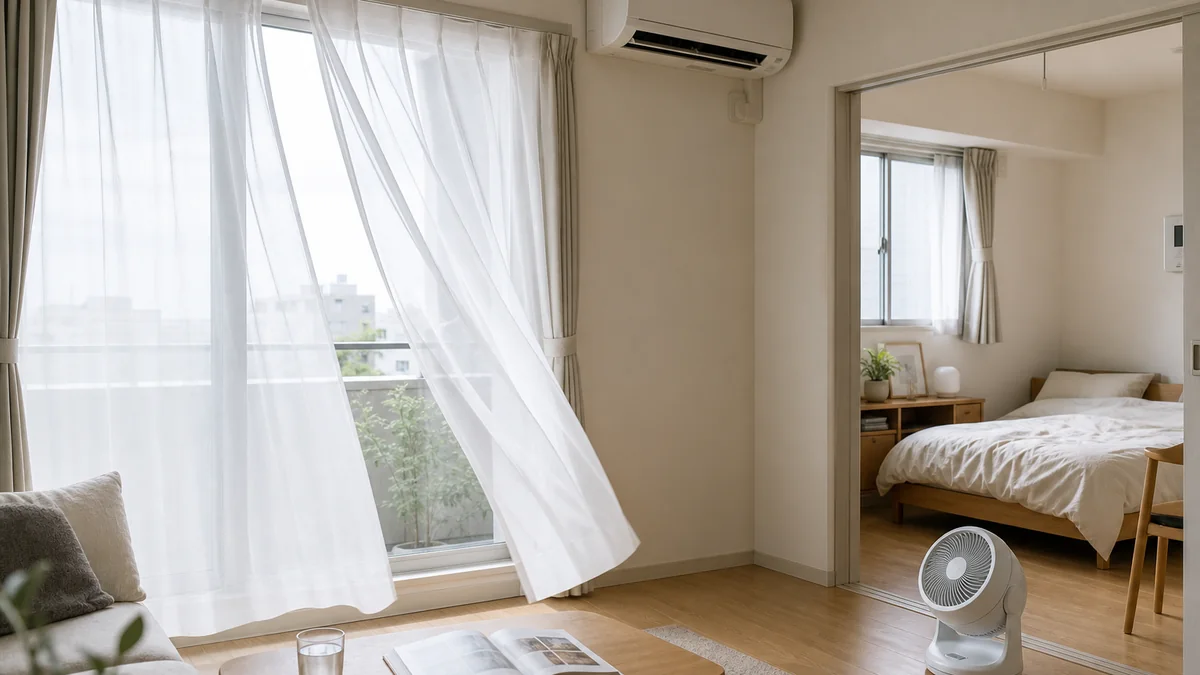 一人暮らしの部屋でサーキュレーターが空気を循環させているイメージ