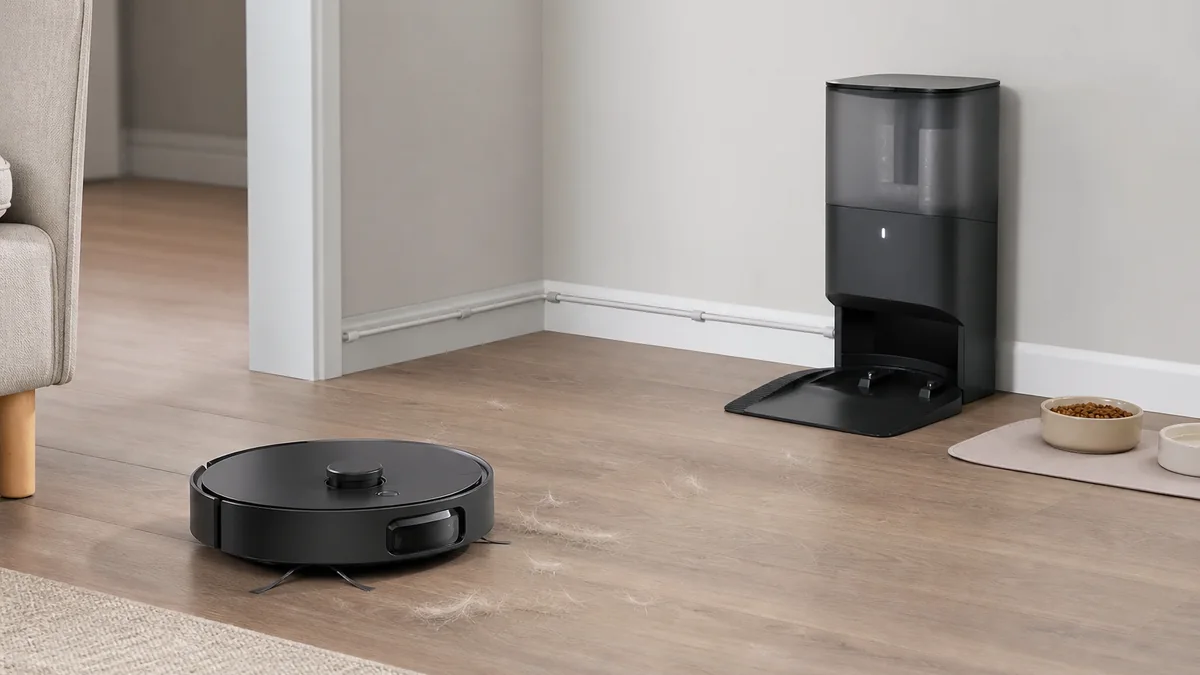 ロボット掃除機の充電ドックと片付いた床のイメージ